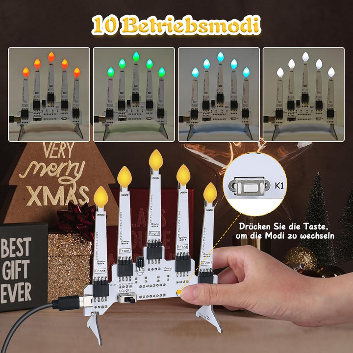 Löten Übungskit,Weihnachtskerzen Lichter 5 Kerzen Löt-Lernkit mit 10 Beleuchtungsmodi,Fernbedienung,