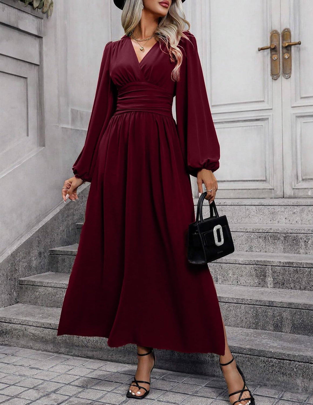 Damen Kleid 2.0 Elegant Langarm V-Ausschnit Tunika Maxikleider Casual Hohe Taille Saumschlitz Cockta