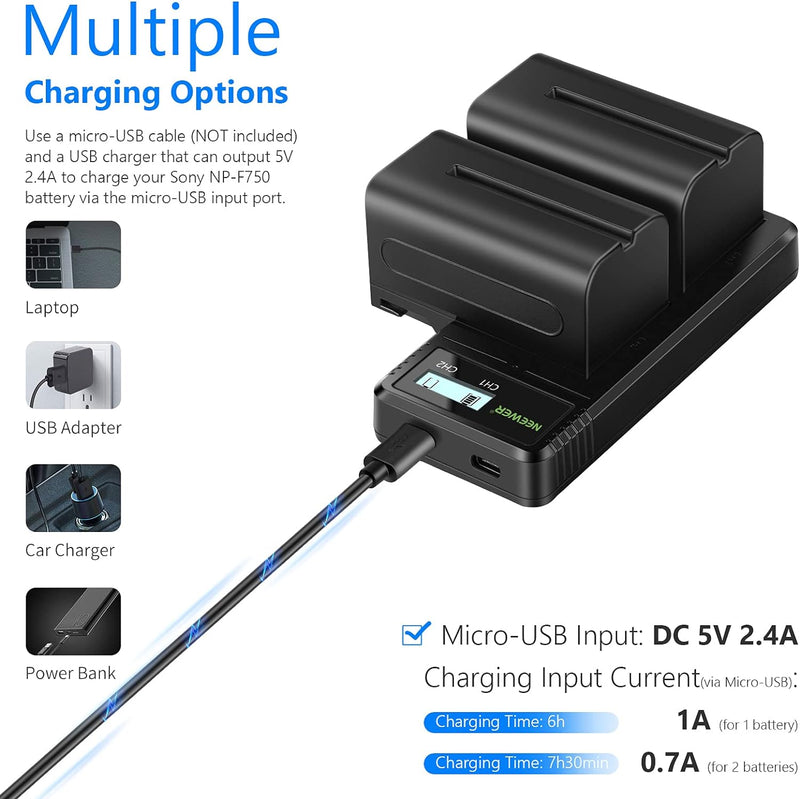 NEEWER Ladegerät Dual USB mit NP-F750 2Stk 5600mAh Ersatzakkus, Schnellladegerät kompatibel mit Sony