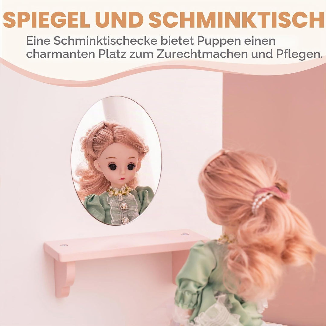 ROBUD Holzpuppenschrank mit Spiegel und 5 Kleiderbügeln Kinder ab 3 Jahren Süsser Puppenschrank, Süs