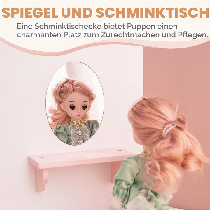 ROBUD Holzpuppenschrank mit Spiegel und 5 Kleiderbügeln Kinder ab 3 Jahren Süsser Puppenschrank, Süs