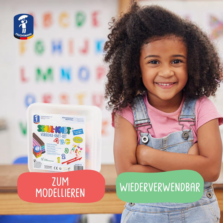 Feuchtmann SCHUL-KNET - Vorschul-Knet-Set 49-teilig, 400g Kinderknete mit Buchstaben, Zahlen und Wer
