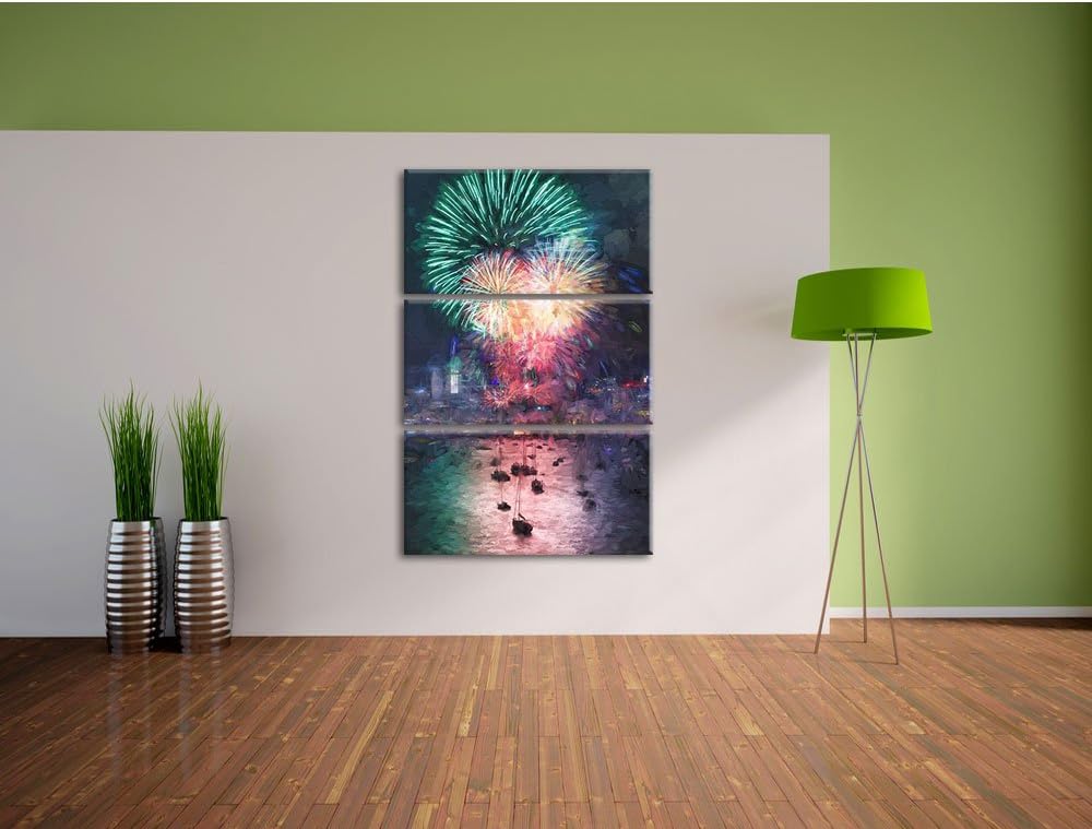 Pixxprint Boot auf See mit Feuerwerk Pinsel Effekt 3-Teiler Leinwandbild 120x80 Bild auf Leinwand