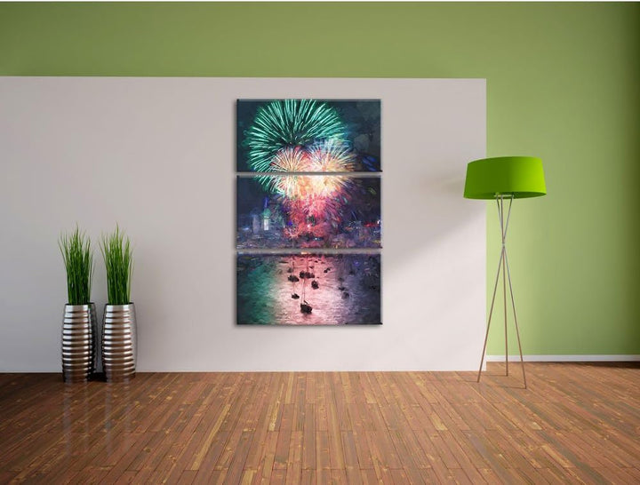 Pixxprint Boot auf See mit Feuerwerk Pinsel Effekt 3-Teiler Leinwandbild 120x80 Bild auf Leinwand