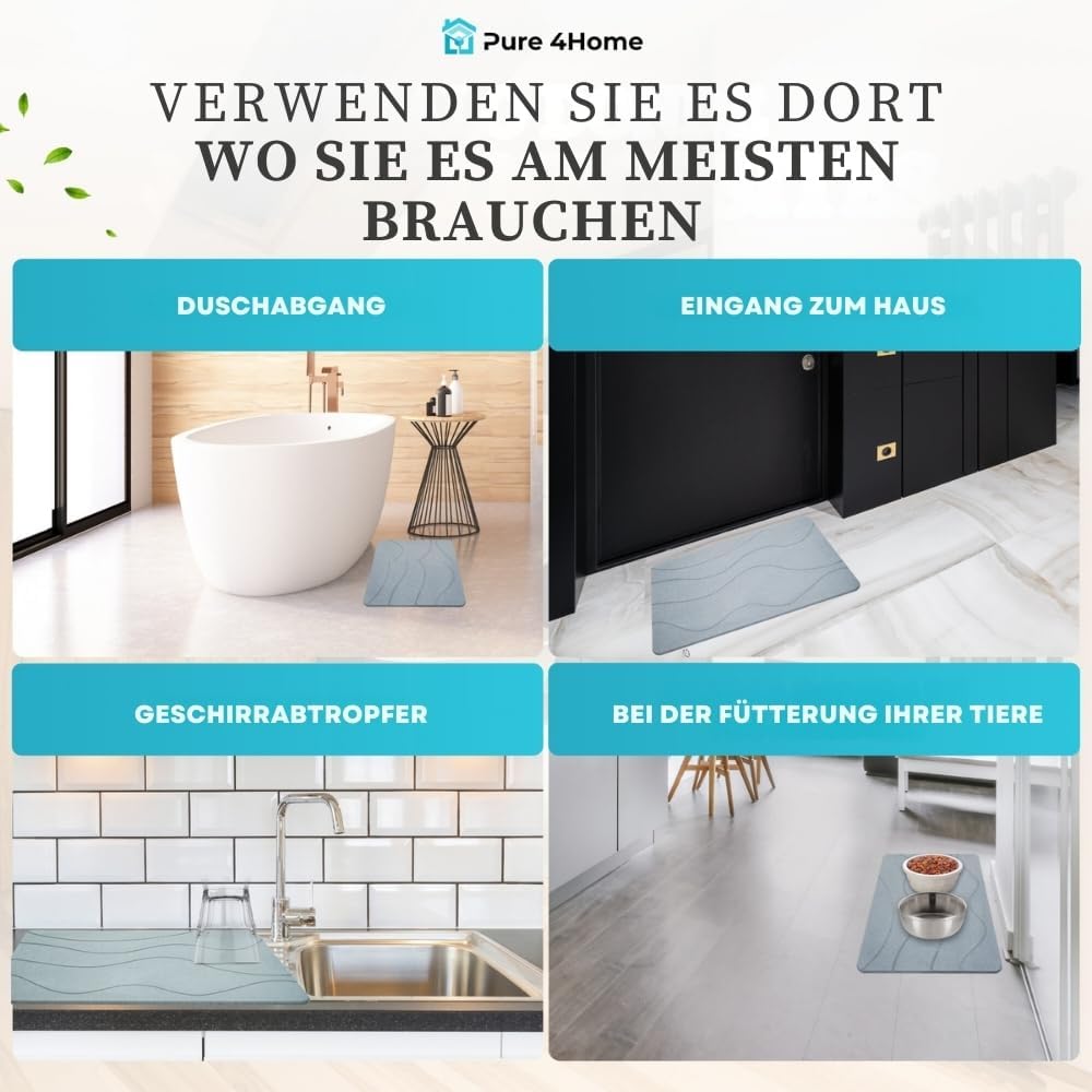 PURE 4HOME Badematte Kieselgur 60 x 40 cm – Saugstark & Schnelltrocknend, Rutschfest – Diatomit Stei