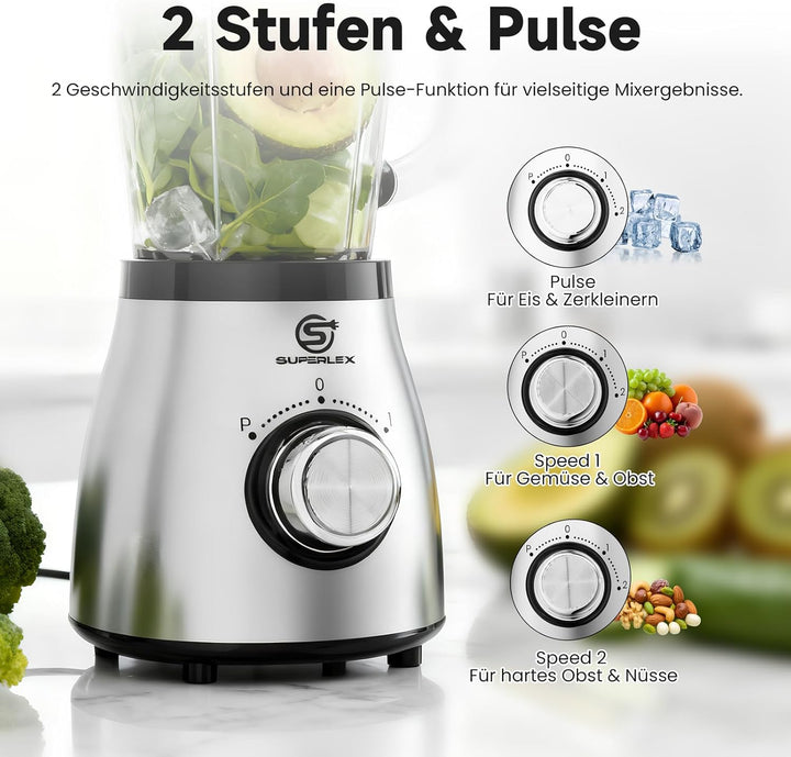 Standmixer 800W Hochleistungsmixer mit 1,5L Glasbehälter 2 Geschwindigkeitsstufen Plus Pulse Edelsta