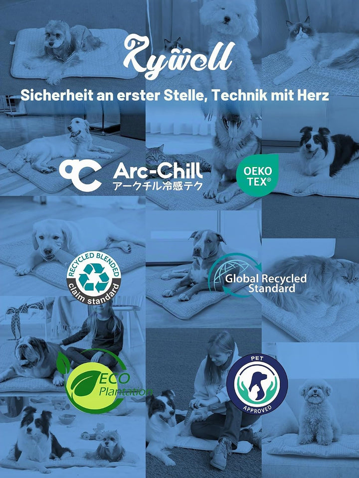 Rywell Kühlmatte Hund 90x70 cm, 3 cm Extra Dick &amp; Gelenkschonend, Farbwechsel-Selbstkühlend mit Arc-