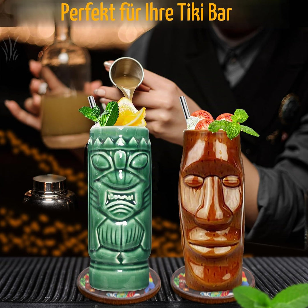 Tiki Tassen Cocktail Set von 2 - Becher aus Keramik, hawaiianische Partybecher, Trinkgeschirr, niedl