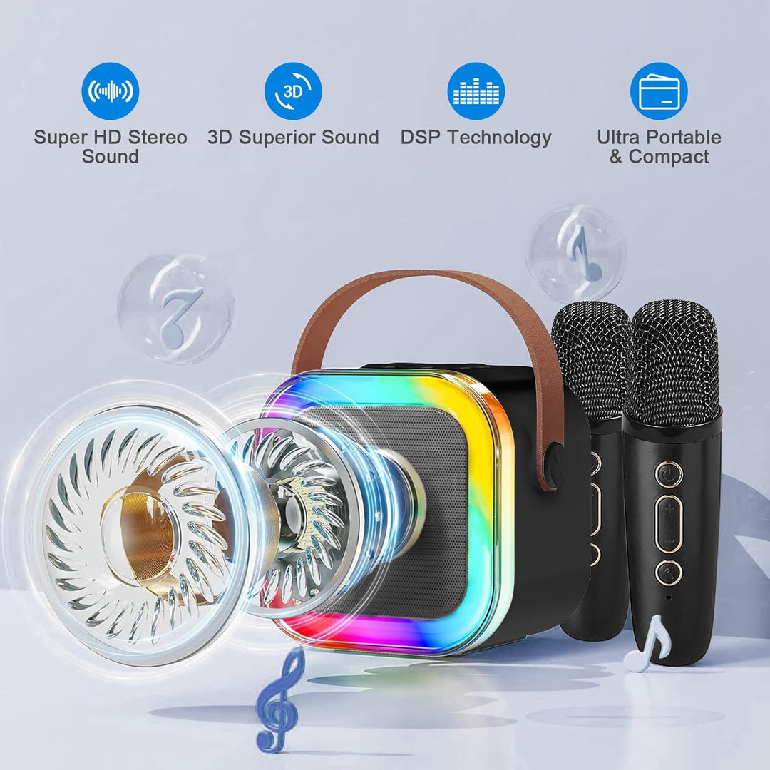 Mini Karaoke Maschine mit 2 Drahtlosen Mikrofonen, Karaoke Maschine Kinder, tragbarer Bluetooth-Laut