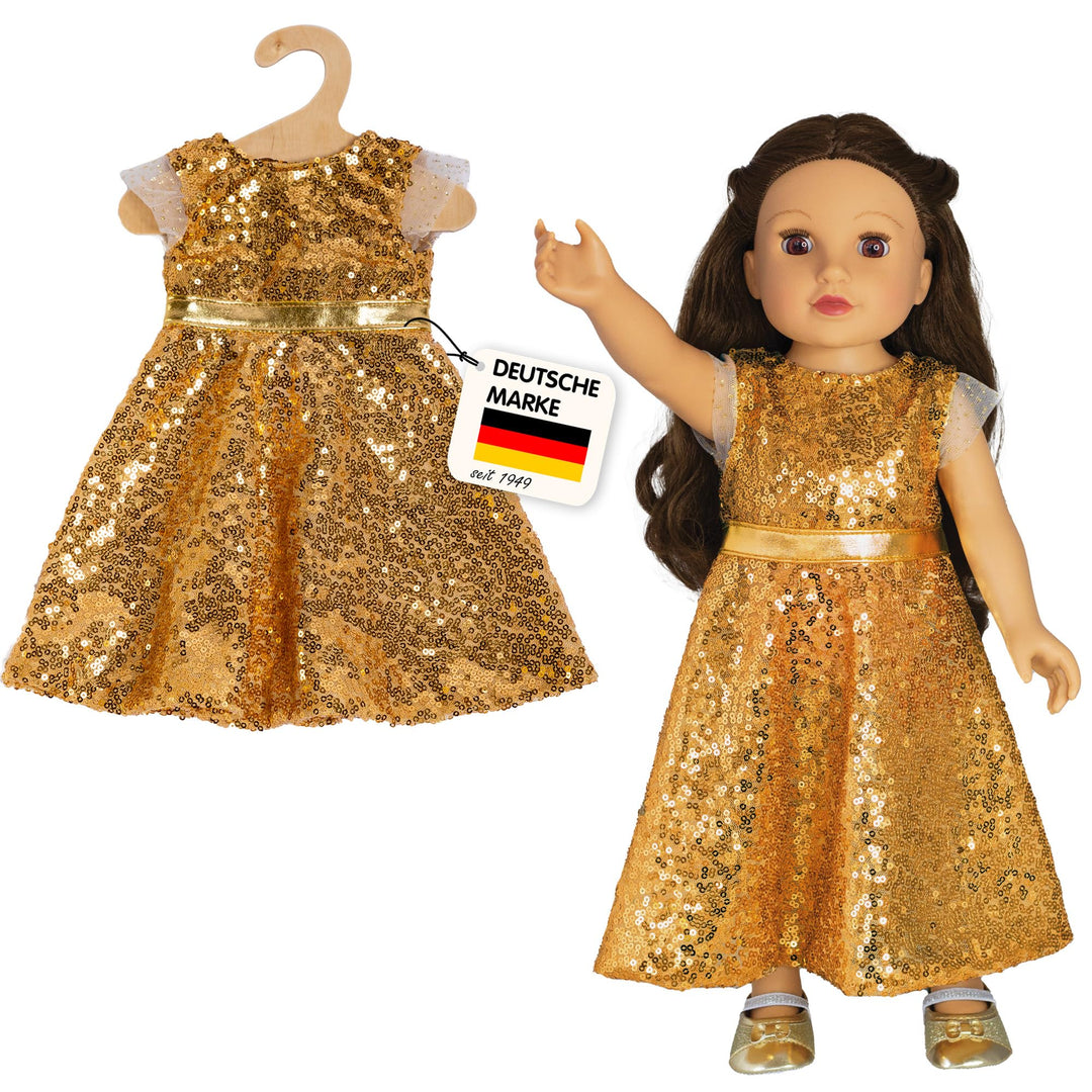 Heless 2330 - Puppenkleidung im Design Goldstar, Kleid mit goldenen Pailletten und Gürtel für Puppen