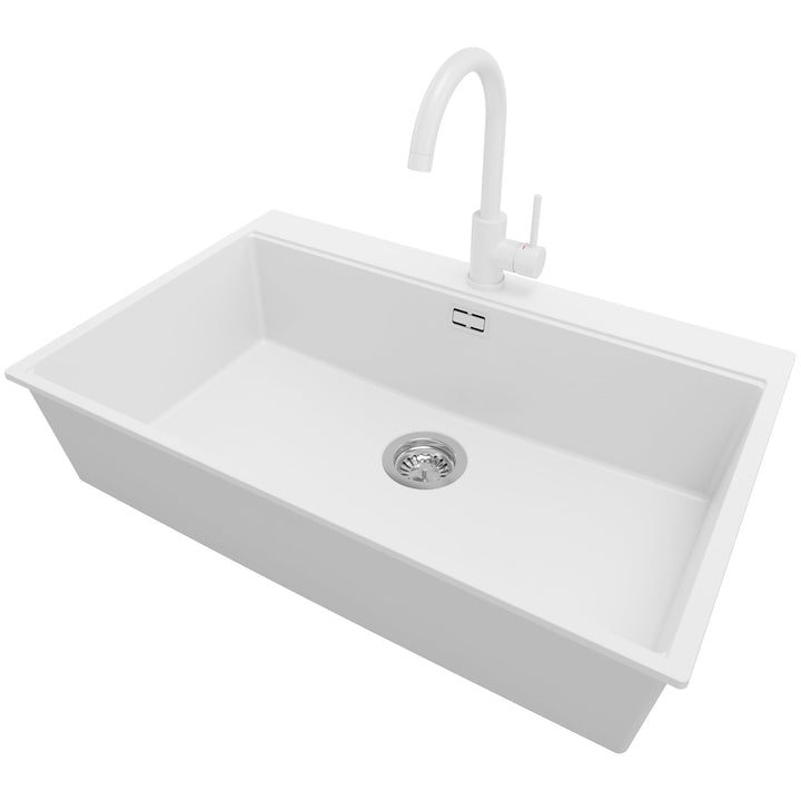 PRIMAGRAN Granitspüle Weiss 78x50cm, Spülbecken 1 Becken + Ablauf-Set + Küchenarmatur 32x20cm, Küche