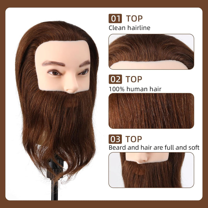 Mann Frisierkopf mit Ständer 100% Echthaar mit Bart Männlich Übungskopf Echthaar Friseur Kopf Puppen