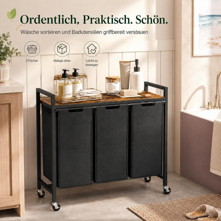 HOOBRO Wäschekorb 3 Fächer mit Ablage und Rollen, 119,4 L | Masse: 84 x 33 x 74,5 cm, 3 x 39,8 L Wäs