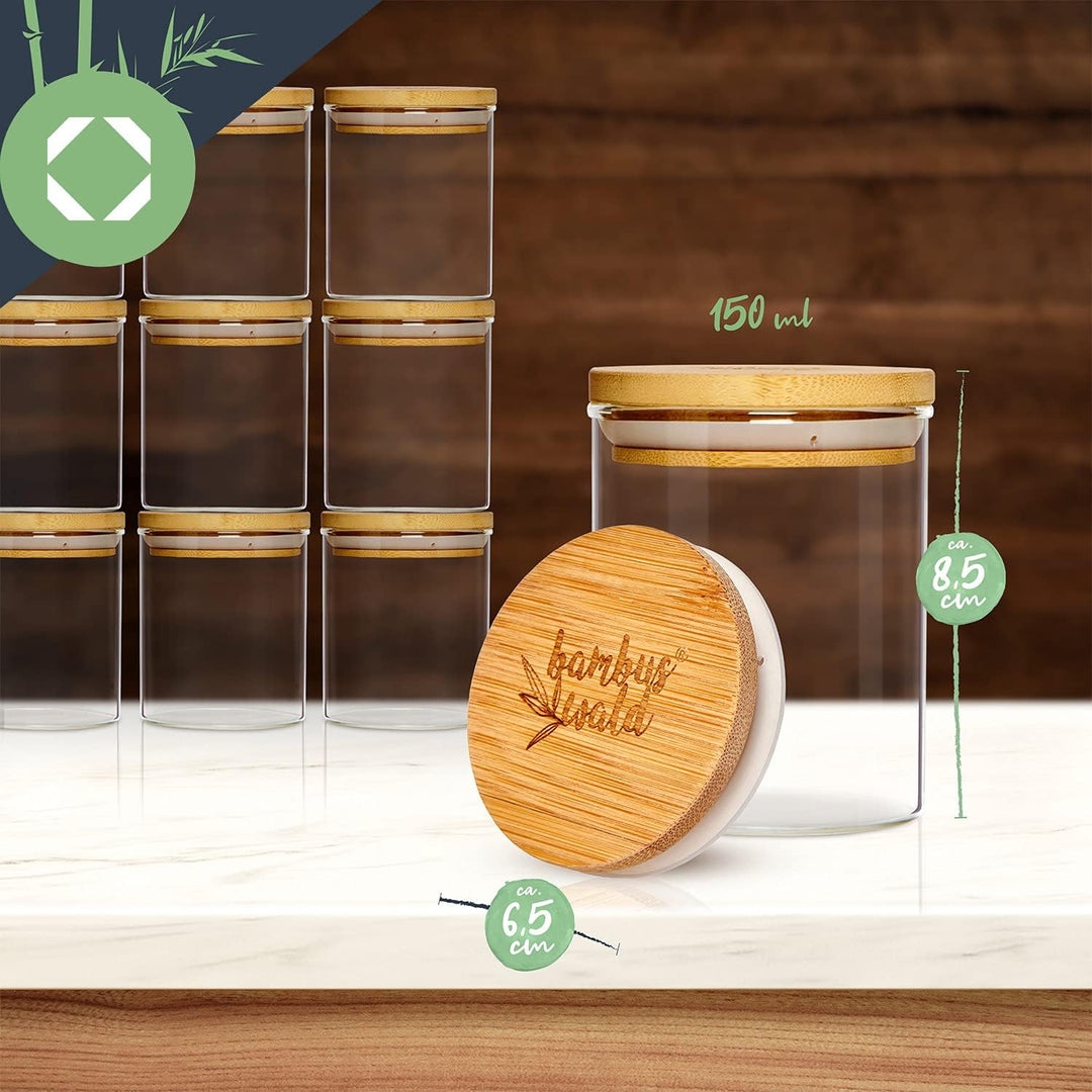 bambuswald© Gewürzgläser Set 10 Stück - Gewürzdosen mit je 150ml Volumen, inkl. luftdichten Bambus-D