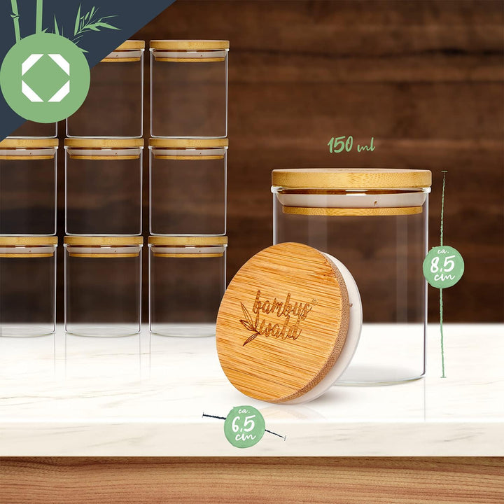 bambuswald© Gewürzgläser Set 10 Stück - Gewürzdosen mit je 150ml Volumen, inkl. luftdichten Bambus-D