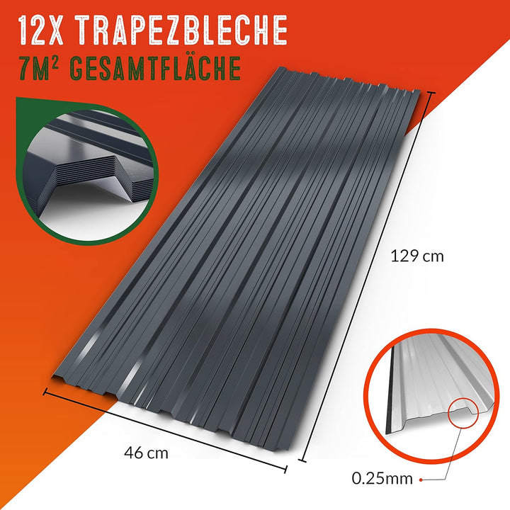 GARDEBRUK® 12x Trapezblech 129x46cm = 7m² Verzinkt Rostresistent Wetterfest Profilblech Dachblech We