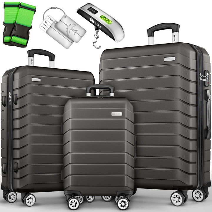 tillvex® Reisekoffer Set 3-TLG. + Gepäckwaage, 6X Koffergurte & 3X Kofferanhänger | Kofferset 4 Roll
