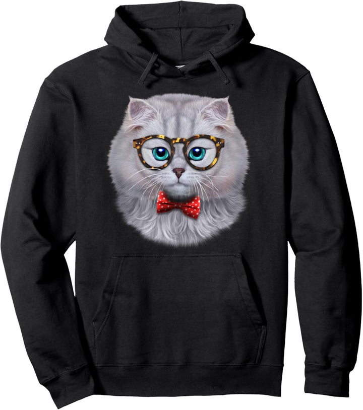 Weisse Katze, die klassische Brille und Fliege trägt Pullover Hoodie