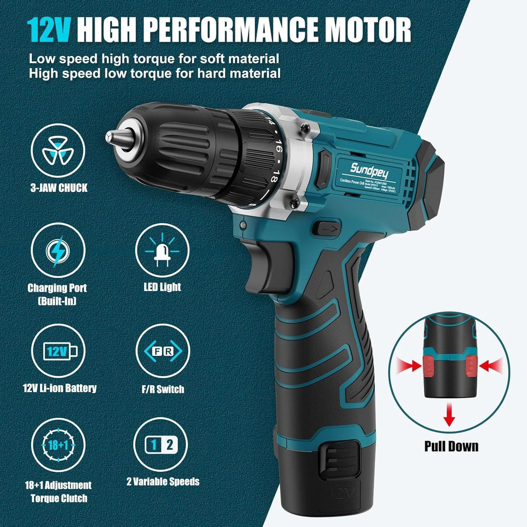 Sundpey Werkzeugkoffer Gefüllt 206tlg, 12V Akkuschrauber zum Anziehen/Lösen von Schrauben, Haushalts
