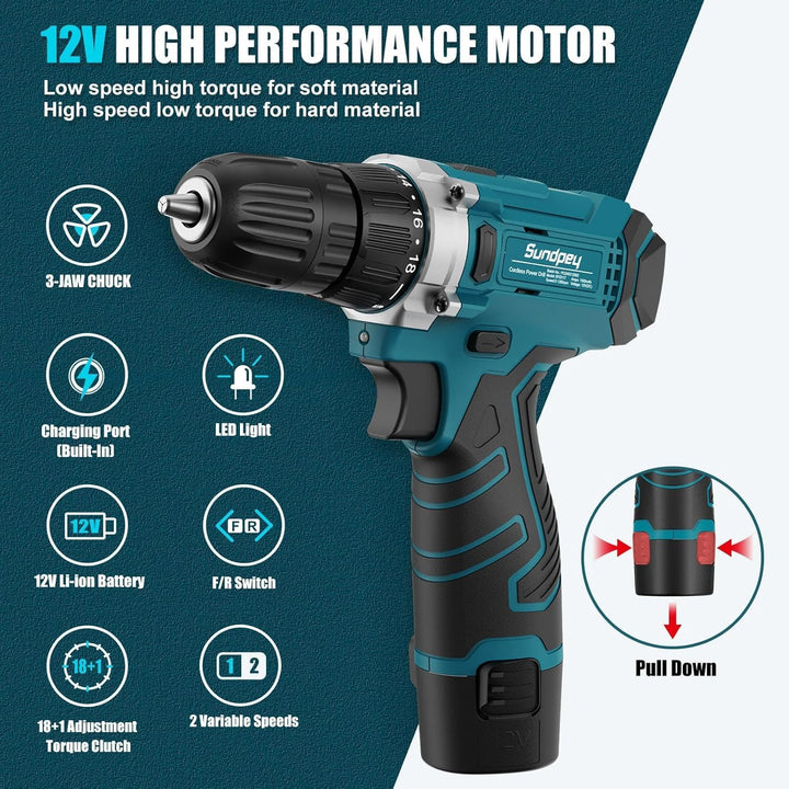 Sundpey Werkzeugkoffer Gefüllt 206tlg, 12V Akkuschrauber zum Anziehen/Lösen von Schrauben, Haushalts