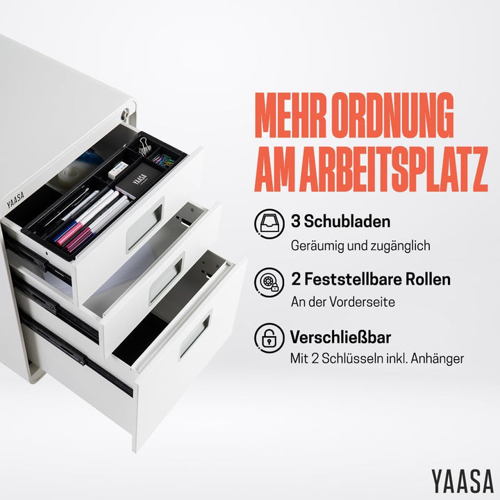 Yaasa File Cabinet Curved Standard Weiss - Rollcontainer aus Stahl, Aktenschrank mit 3 verschliessba