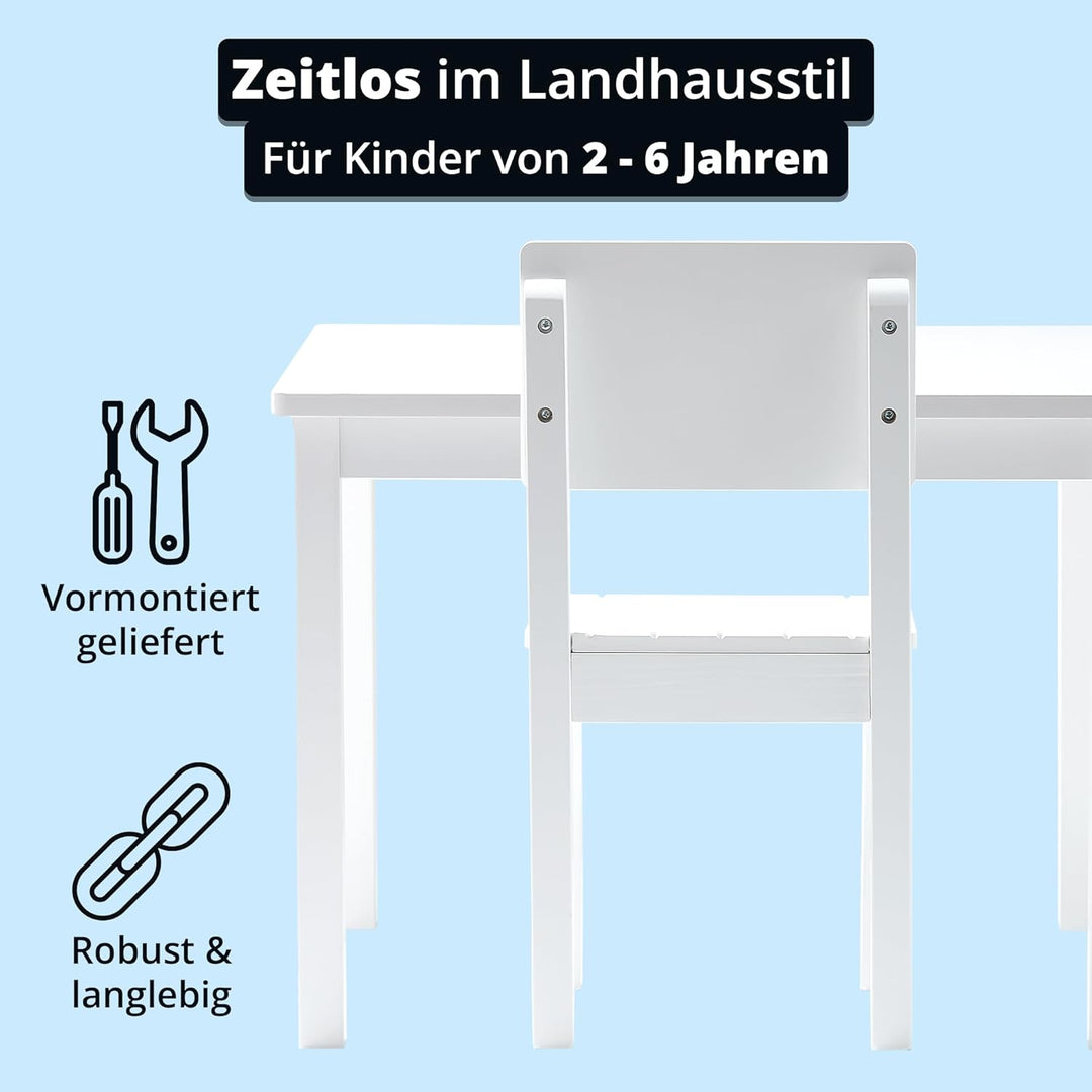 KHG Kinder-Möbelset Tisch mit 2 Stühlen weiss Landhaus für Kinderzimmer, Pflegeleichte Oberfläche, r