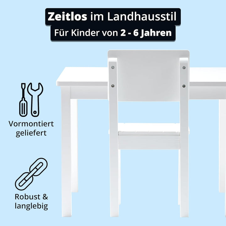 KHG Kinder-Möbelset Tisch mit 2 Stühlen weiss Landhaus für Kinderzimmer, Pflegeleichte Oberfläche, r