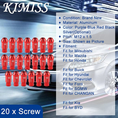 KIMISS Aluminium Autoreifenschraube, 20Pcs Radmuttern sichern Racing Radmutter M12X1.5 (Rot)