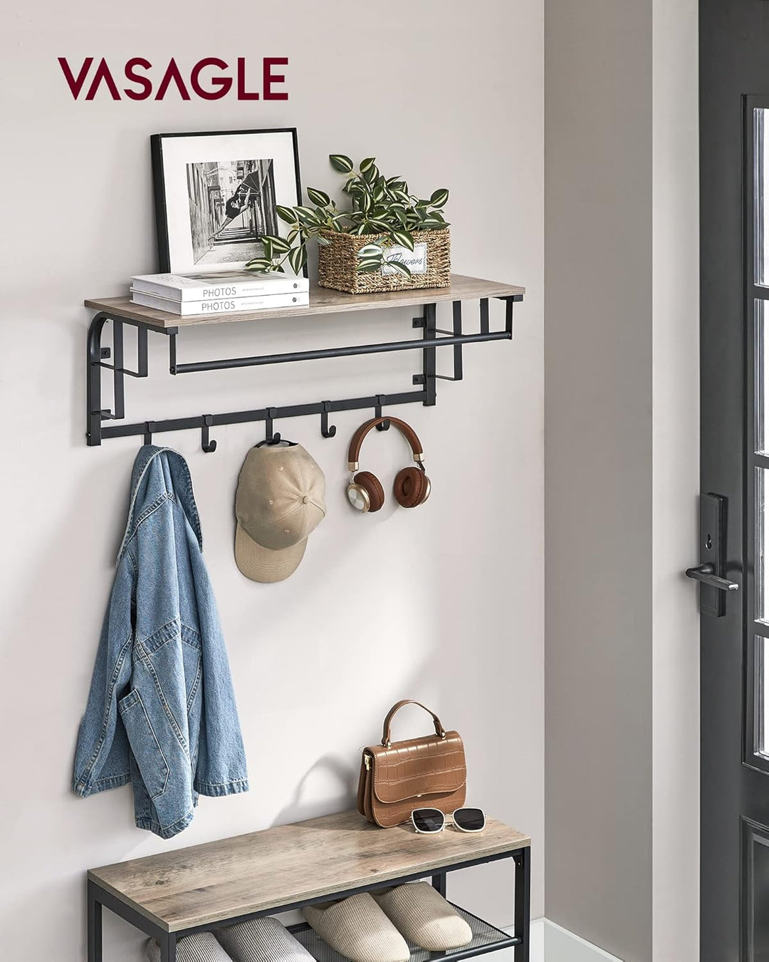 VASAGLE Wandgarderobe mit Aufbewahrungsregal, Wandregal mit 5 abnehmbaren Haken, Hängeregal mit Klei