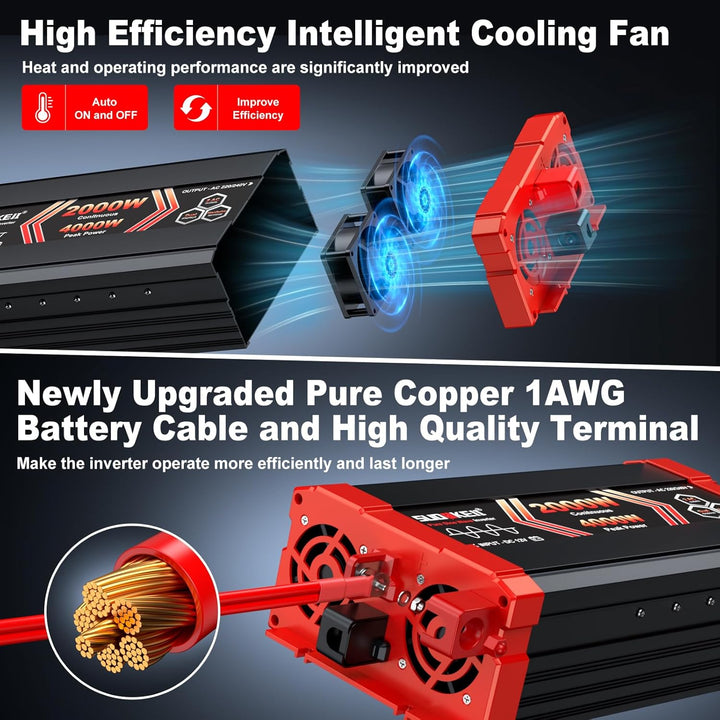 SUDOKEJI 2000W/4000W Wechselrichter Reiner Sinus Spannungswandler 12V auf 230V EU-Steckdose mit LCD