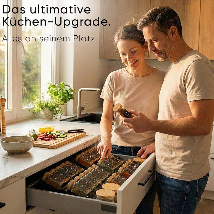 Deco haus® Gewürzregal Schublade [MIT 24 GEWÜRZGLÄSER & ETIKETTEN] - Gewürz Organizer Schublade - Ge