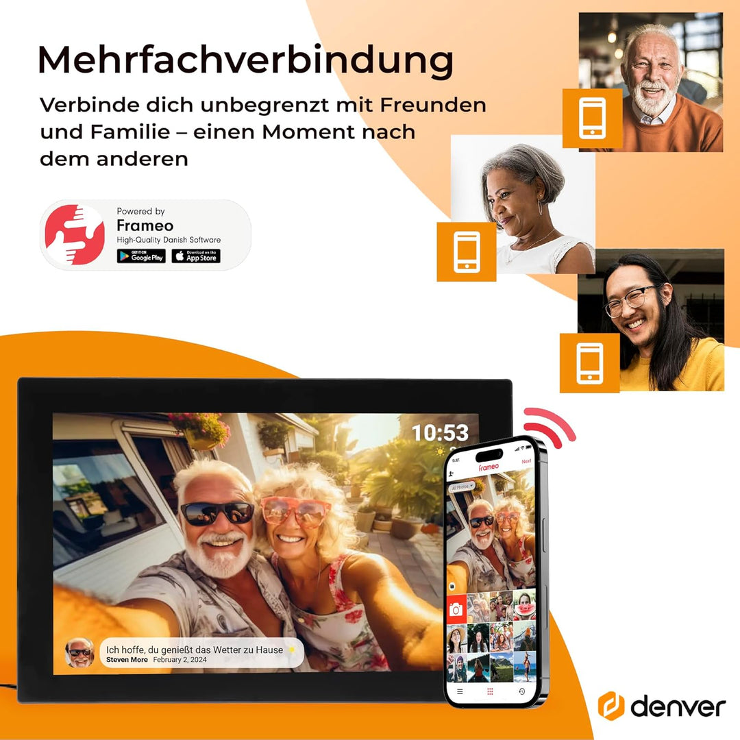 Denver PFF1037 Digitaler Bilderrahmen mit Glasdisplay und WiFi, 10.1 Zoll, Elektronischer Bilderrahm