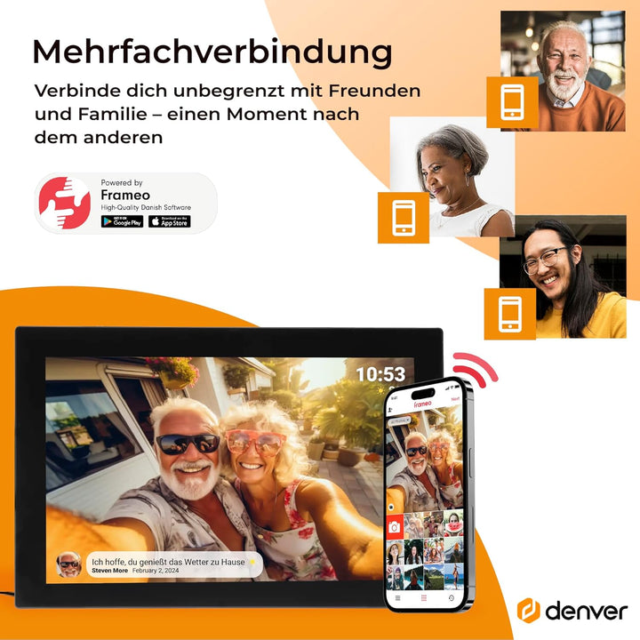 Denver PFF1037 Digitaler Bilderrahmen mit Glasdisplay und WiFi, 10.1 Zoll, Elektronischer Bilderrahm