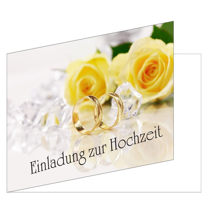 50 Stück Einladungskarten zur Hochzeit (EKT-104) Format DIN A6 - Einladungen Ringe auf gelben Rosen