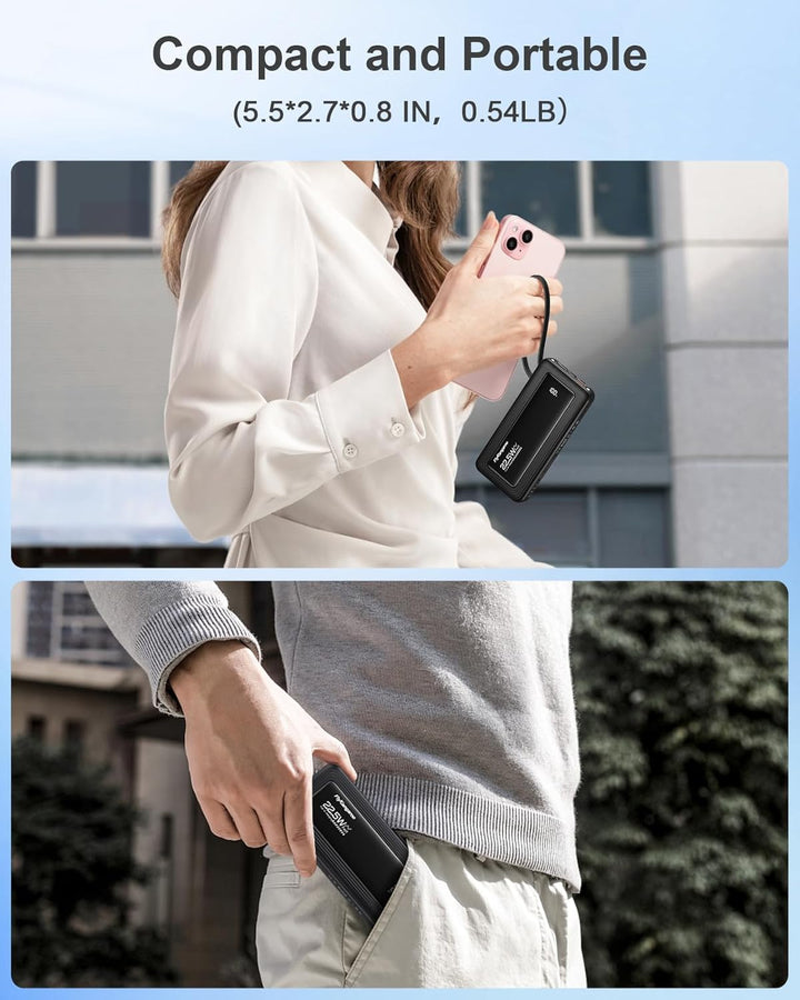 Powerbank mit integrierten Kabeln, 10000mAh, 22,5W Schnellladefunktion, USB-C LED-Anzeige, tragbares