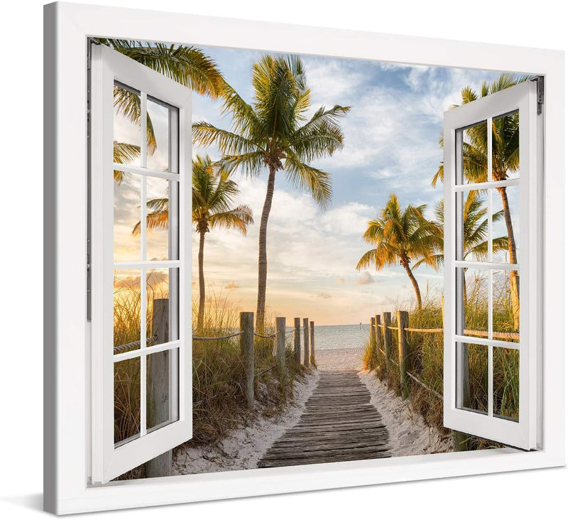 PICANOVA – Bild auf Leinwand Palmenweg zum Meer Fenster 80x60cm – Leinwandbild – Premium Leinwanddru