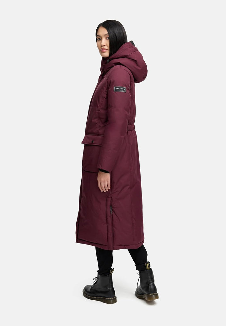 Navahoo Damen Wintermantel warmer Mantel extralang mit Kapuze Wolkenfrost XIV XS-XXL XS Wine, XS Win