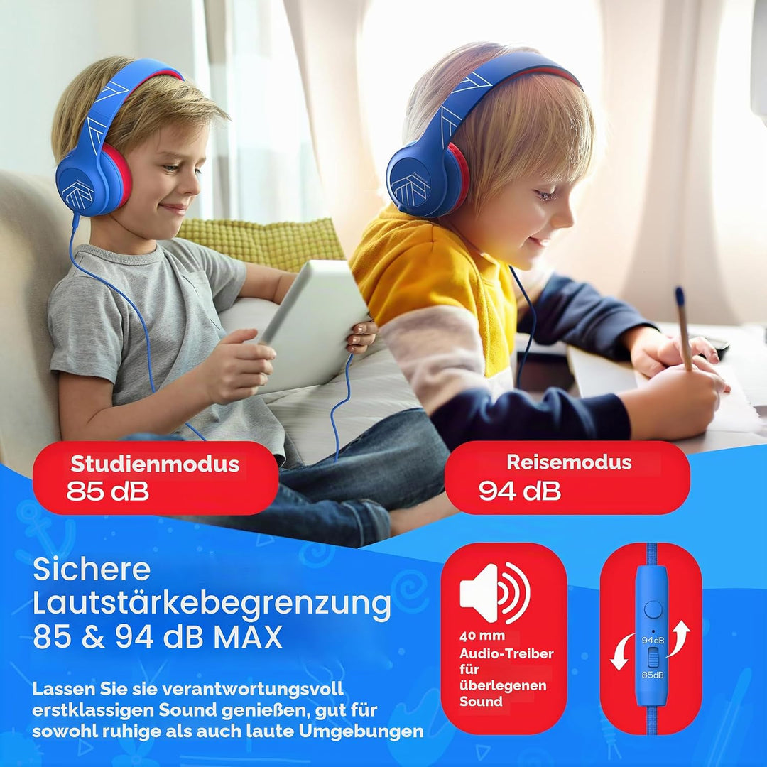 PowerLocus Kinder Kopfhörer mit Kabel, 85/94dB Sichere Lautstärke, 3.5mm Aux Jack, Hi-Fi Stereo, Hoc
