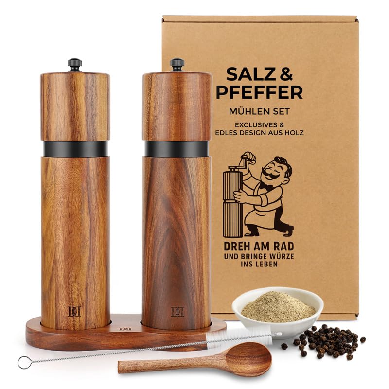 Salz und Pfeffermühlen Set aus Akazienholz mit Keramikmahlwerk mit Holzständer und Reinigungsbürste,