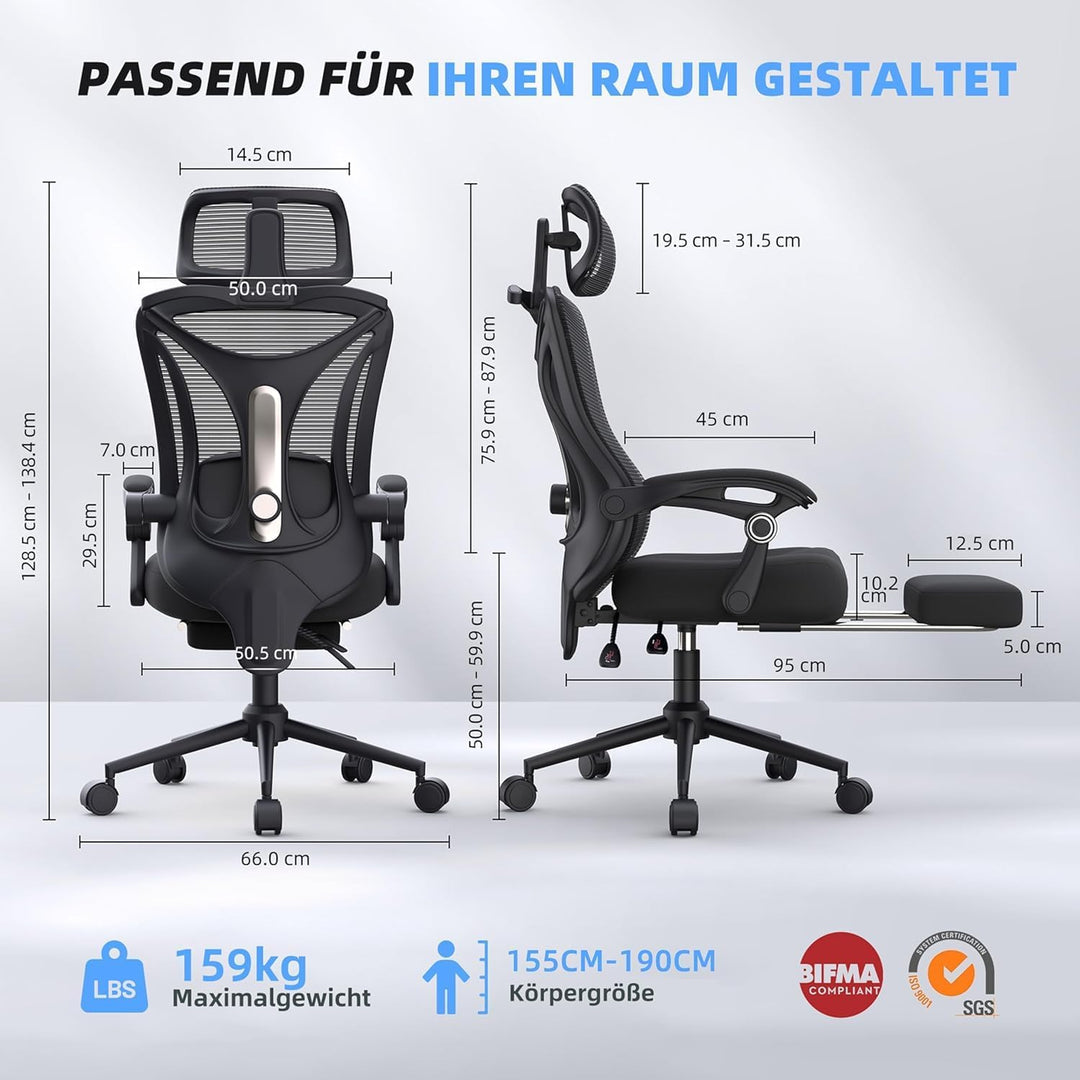 CYKOV Ergonomischer Homeoffice Stuhl 90-160° Rückenlehne 150kg+ Fussstütze | 90-160° Verstellbare Rü