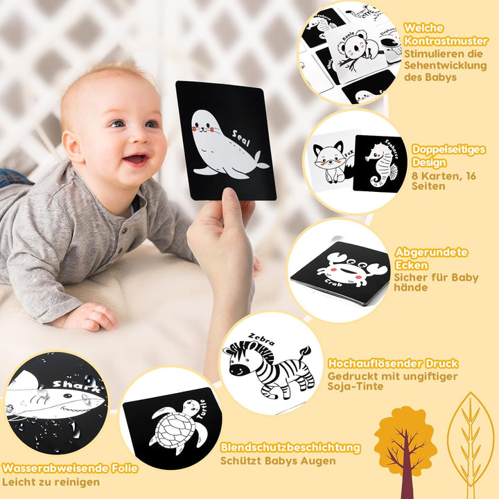 URMYWO Kontrastkarten Baby, Schwarz Weiss Doppelseitig Baby Stoffbuch, Kontrastbuch für Neugeborene
