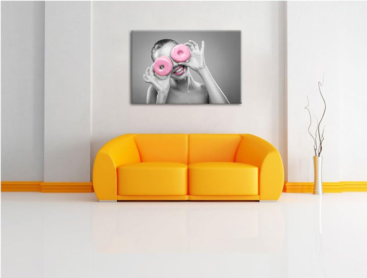 lustige Frau mit rosa Donut Augen schwarz/weiss Format: 100x70 auf Leinwand, XXL riesige Bilder fert