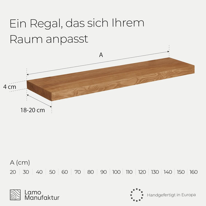 LAMO Manufaktur Regal Holz massiv ohne Befestigung - Wand Regal 20 cm breit für Badezimmer, Flur, Kü