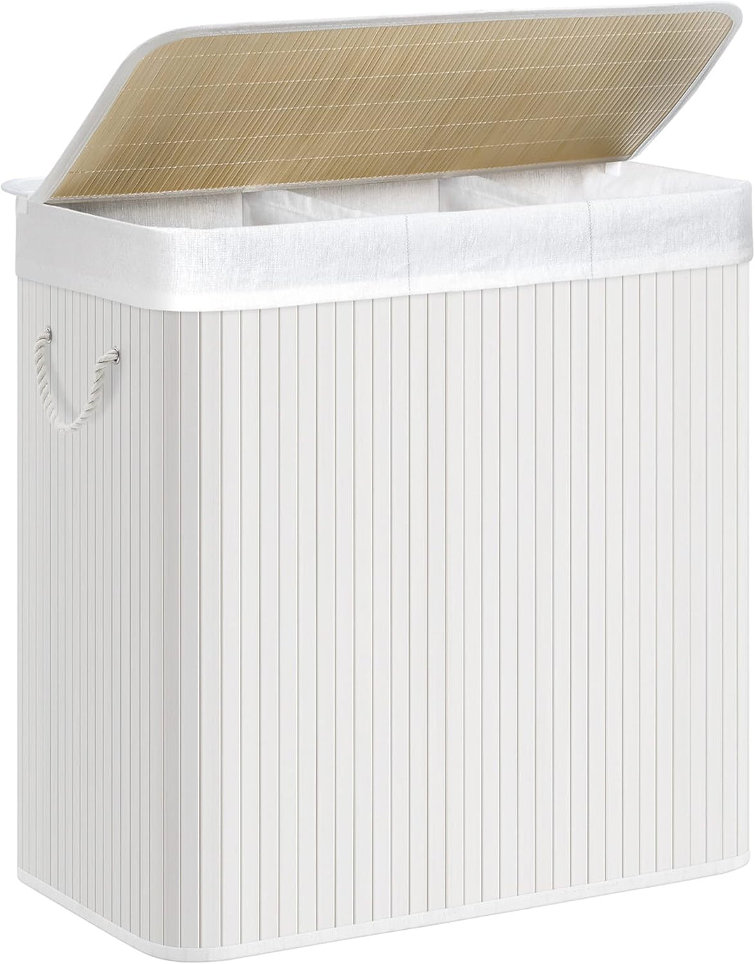 SONGMICS 150L Wäschekorb, Wäschebox mit Deckel, Wäschesortierer, aus Bambus, mit Griffen, 3 Fächern,