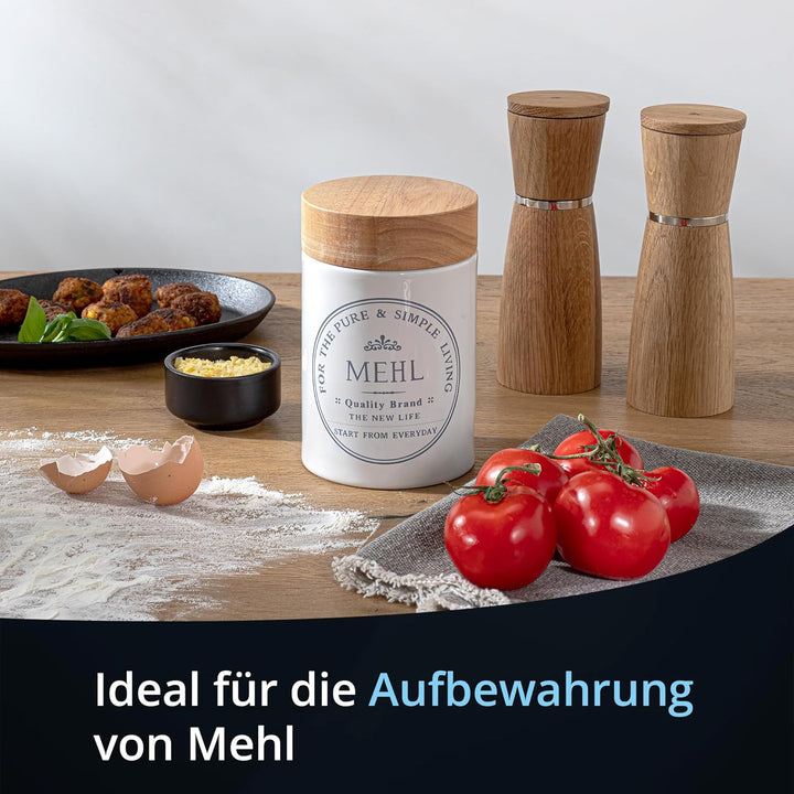 KHG Mehldose luftdicht, Mehl Aufbewahrung Keramik Steingut Weiss Holzdeckel Bambus, Kapazität 500g,
