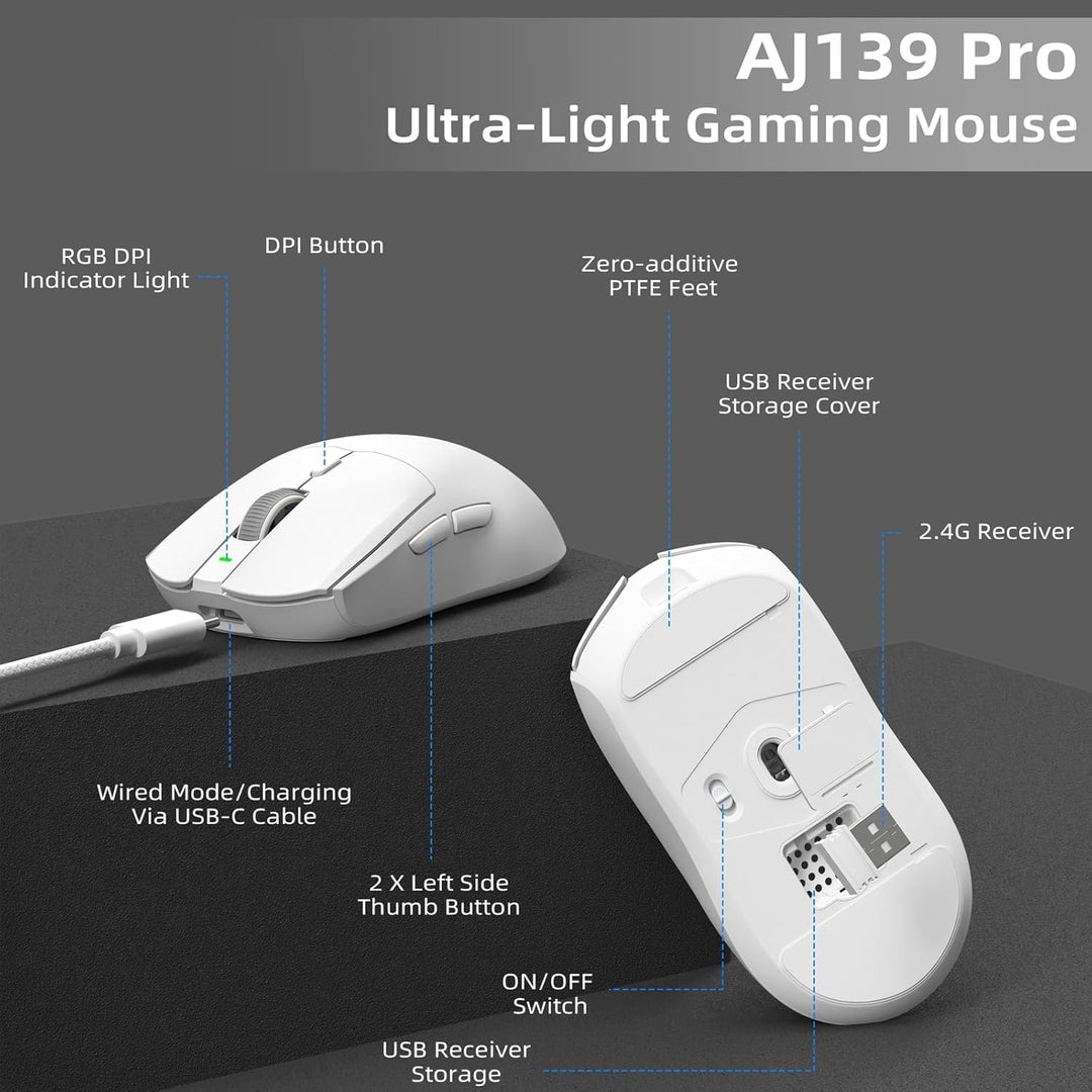 AJ139PRO Kabellose Gaming Maus, Leichtgewicht 59g FPS Mäuse, Optischer Sensor PixArt PAW3395, 26K DP