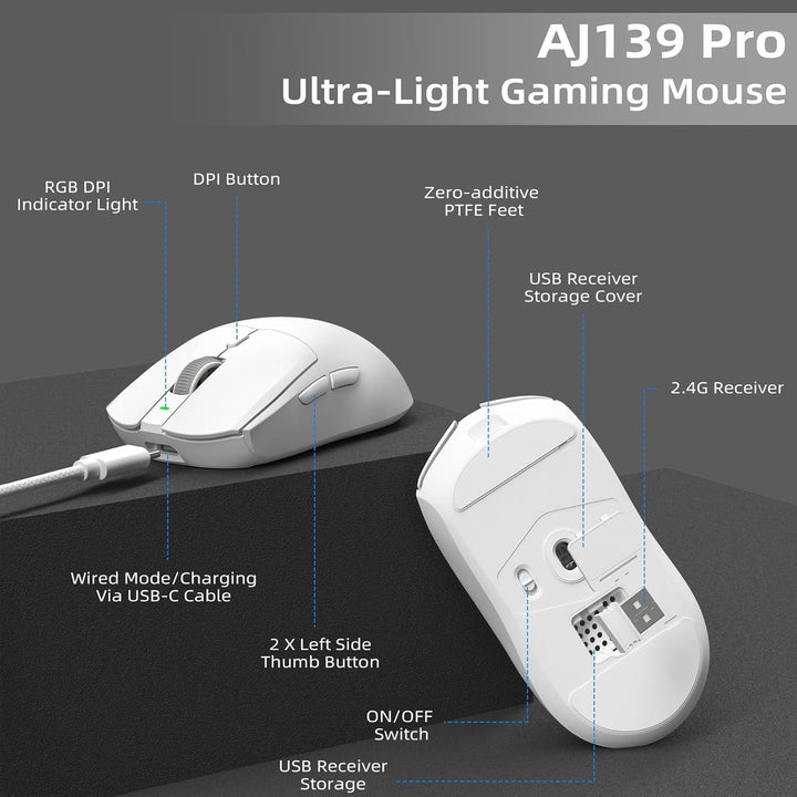 AJ139PRO Kabellose Gaming Maus, Leichtgewicht 59g FPS Mäuse, Optischer Sensor PixArt PAW3395, 26K DP