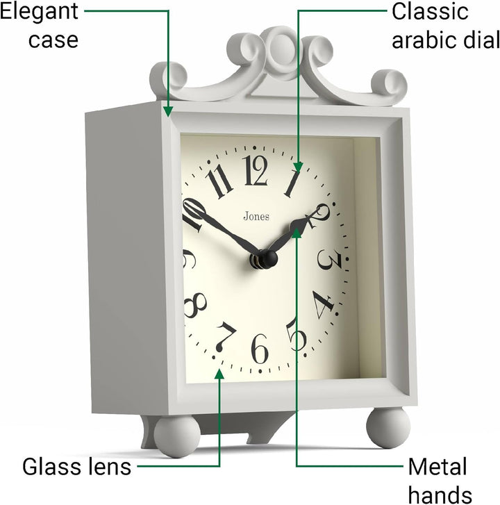 JONES CLOCKS® Parlour Kaminsims Uhr | Klassische Kutschenuhr | Hellgrau | Elegantes quadratisches de
