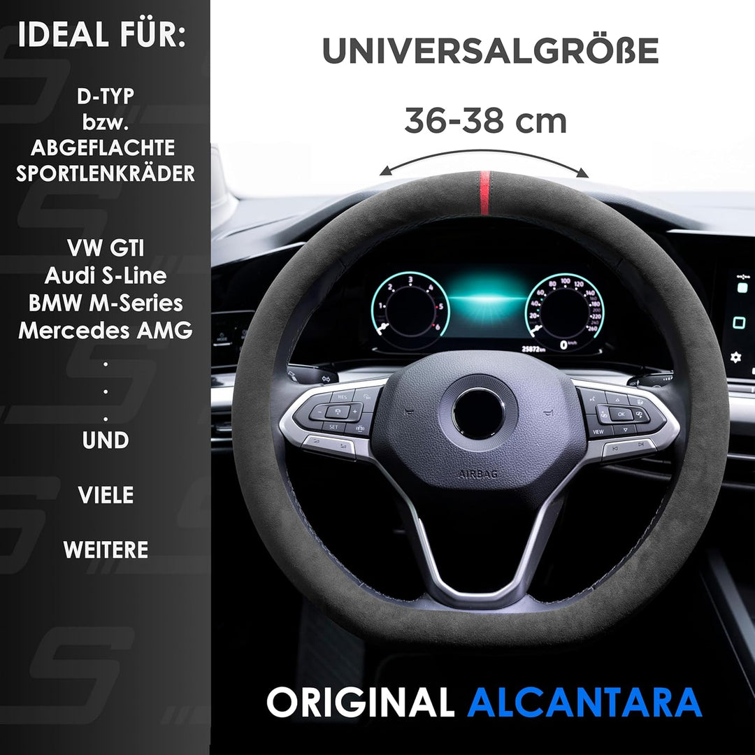 S-TETIC® Premium Lenkradbezug aus Alcantara | D-Form | Rote 12-Uhr Markierung | Universalgrösse 36-3