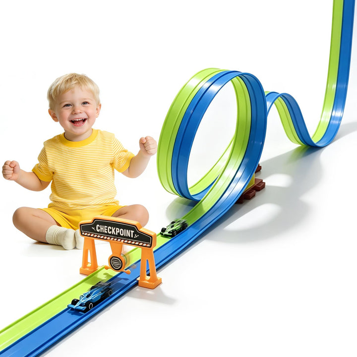 Flexible Autorennbahn Kinder 5 Meter Rennbahn Rennstrecke Auto Spielzeug mit 4 Spielzeugautos 2 Ramp
